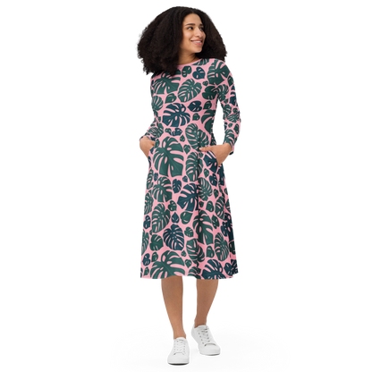 Monstera long sleeve midi dress